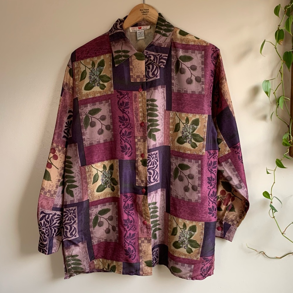 100% Silk Patchwork Design Botanical Top - image 2